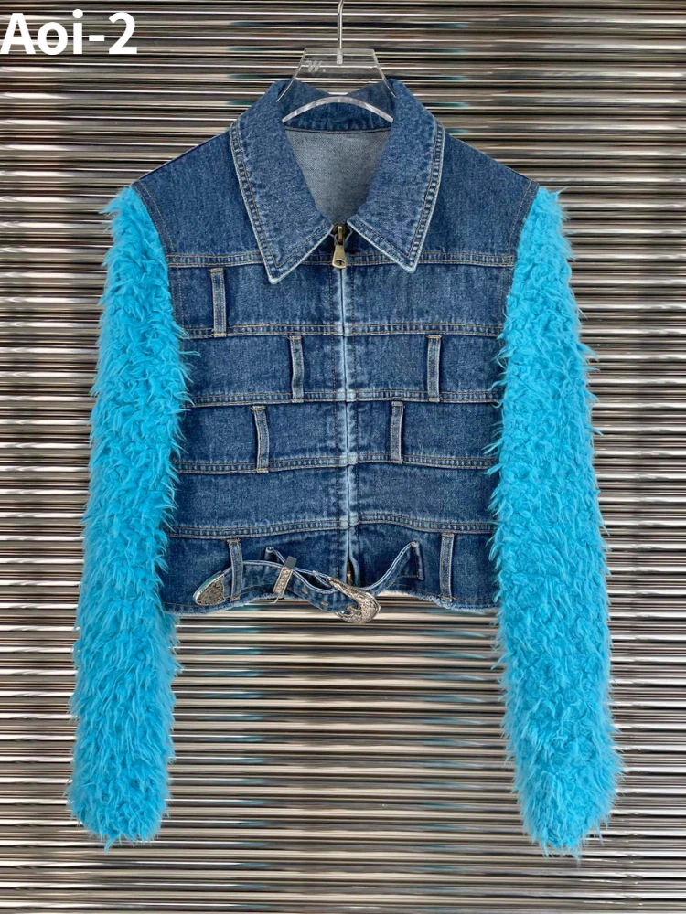 

Fashion Spice Girl Denim Coat Women's 2023 Autumn New High Quality Wool Long Sleeve Stitching Cowboy Zipper Short Jacket