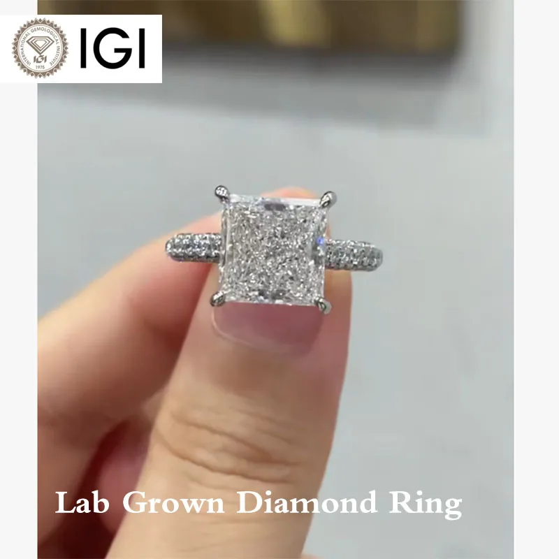 5CT Princess Cut DEF VS VVS & 1.374Ctw Round Cut CVD HPHT IGI Certifie Lab Grown Diamond 14K Gold Ring Engagement Gift
