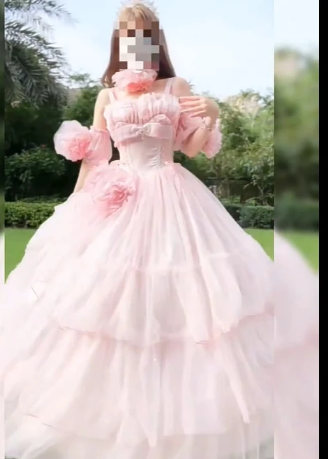 

Lolita Fairy Style Evening Dresses Sweet Pink Bowknot Three-Dimensional Pleated Flower Off-Shoulder High Waist Princess Dress