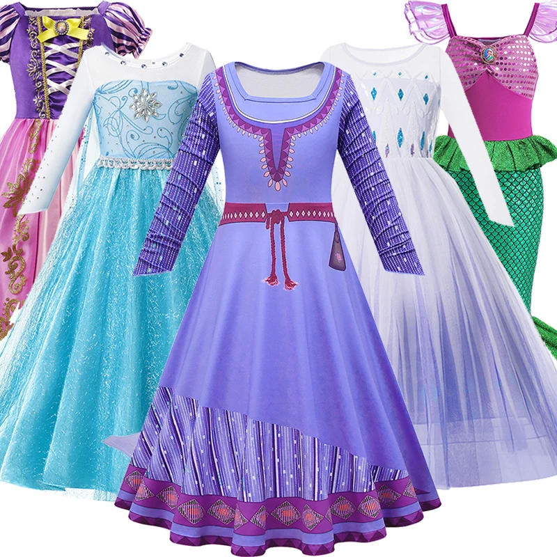 

Disney Wish Asha Princess Dress Baby Girls Frozen Elsa Anna Cosplay Costumes Little Mermaid Rapunzel Cinderella Party Clothings