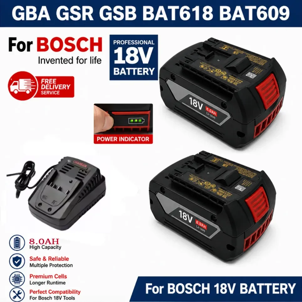 Batteria ricaricabile da 18 V e 8,0 Ah con caricabatterie, kit di ricambio per utensili elettrici a batteria Bosch GBA GSR GSB, modelli BAT618, BAT609, BAT620. | Spedito dalla Polonia, magazzino