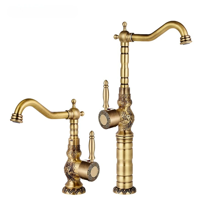 

Cross-border foreign trade brass light luxury antique basin faucet bathroom washbasin heightened splash-proof faucet hot and col