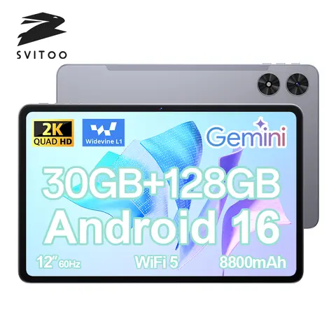 SVITOO Tablet Android 16 2026 12 Inch 2K Display Unisoc T615 30GB RAM 128GB ROM 8800mAh Battery WiFi 5 BT 5.0 GPS Widevine L1