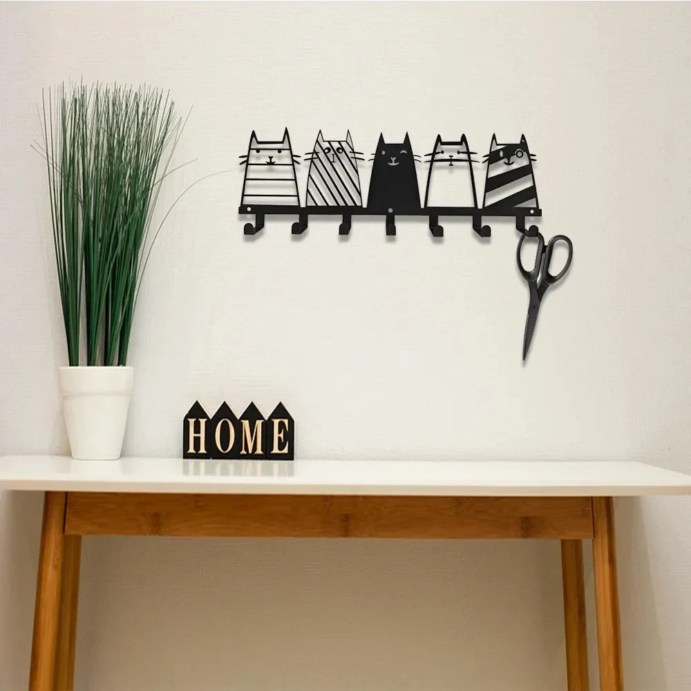 7 Hooks Key Hook Rack, Modern Coat Rack, Cat Decor Wall Mounted Coat Rack 1pc Metal New Cute Cat Decorative Hook