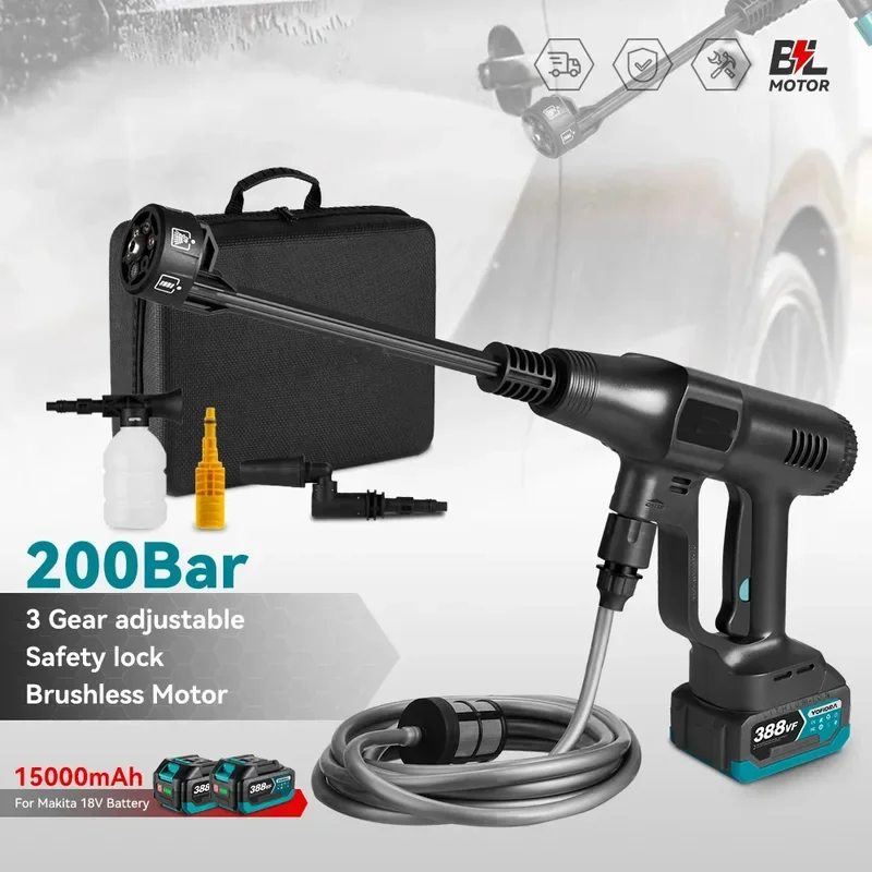 200Bar Wireless High Pressure Car Washer Gun 3500W Brushless 3Gear Boosting Foam Generator Water Gun Cleaner Car Washing Machine