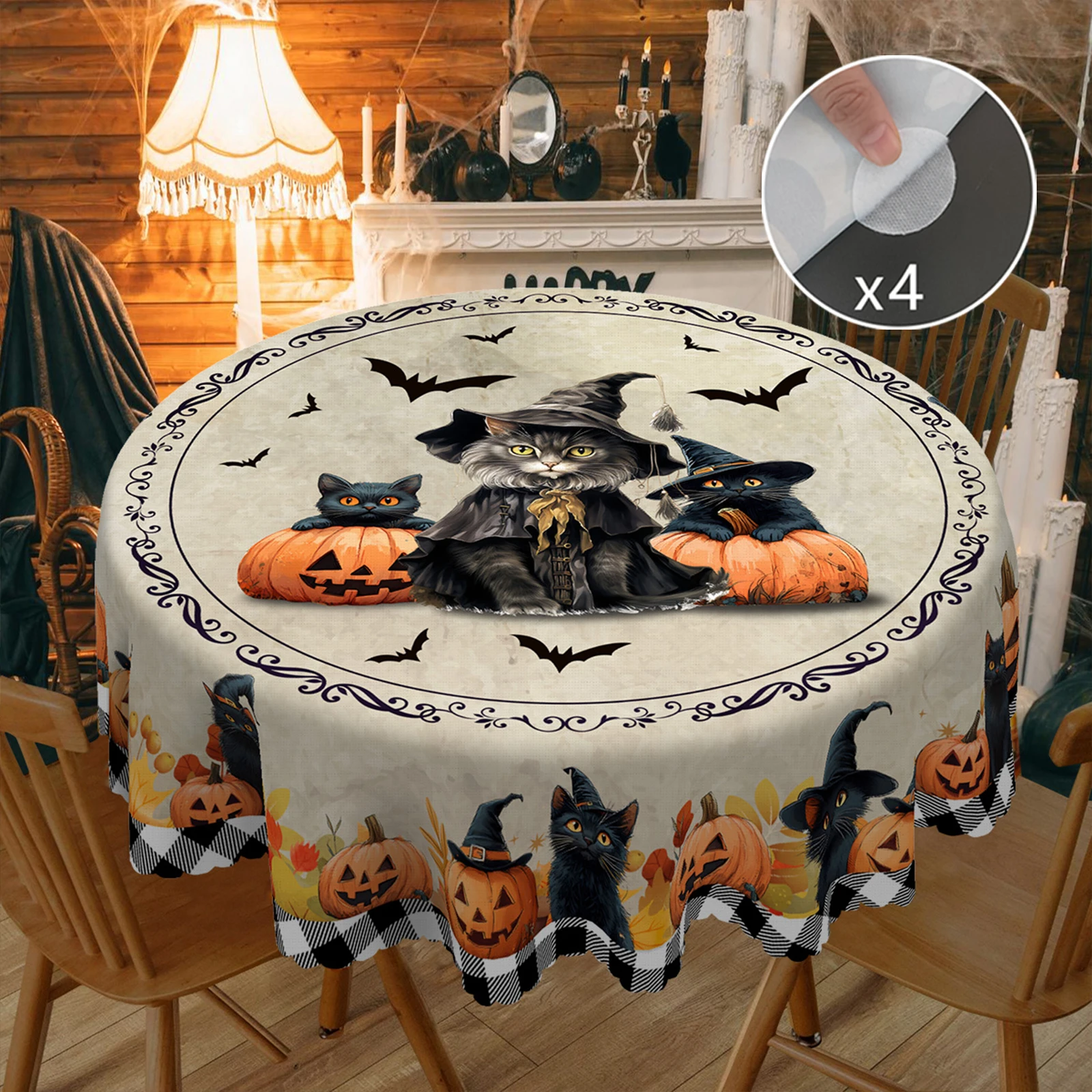 1 pieza, mantel impreso con temática de feliz Halloween + 4 patrones de gato mágico autoadhesivo, decoración de murciélago fantasma con cabeza de calabaza, borde en relieve, adecuado para la cocina del hogar, mesa de comedor, mesa de vacaciones