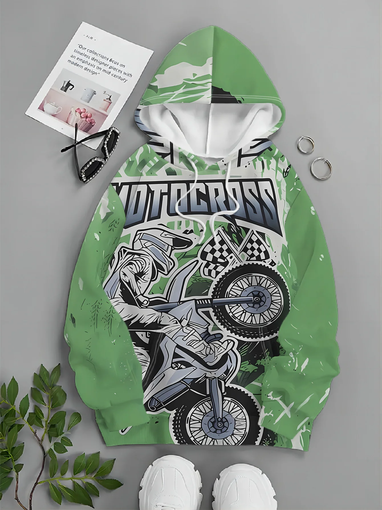 Men Green Motocross Racing Motorcycle Checkered Flag Grunge 3D All Over Print Hoodie Extreme Sport Graphic Casual Sweatshirt