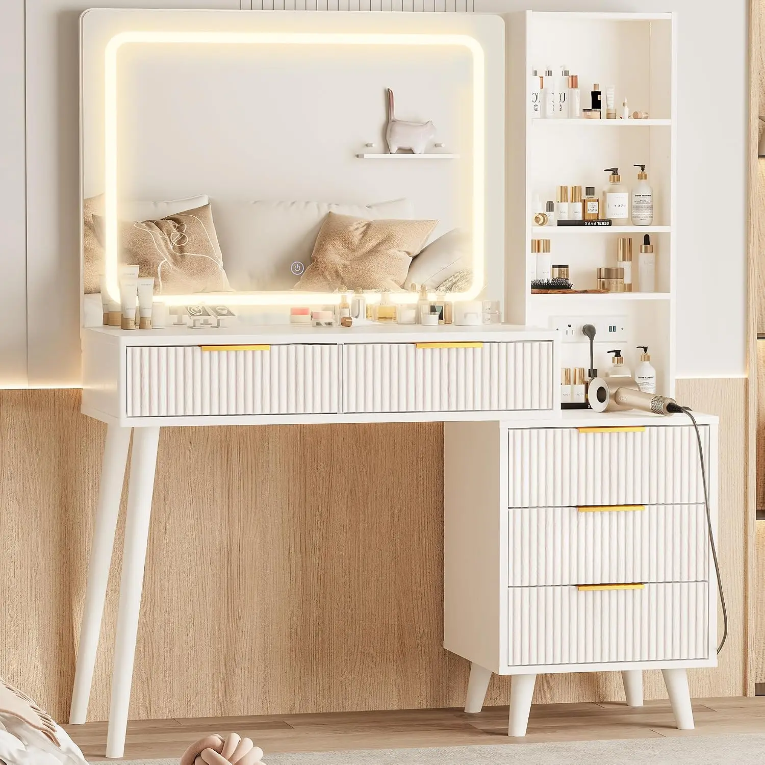 Vanity Desk Mirror Lights Power Outlet Makeup Table Five Drawers Storage Shelves Three Color Modes Brightness Bedroom Dressing S