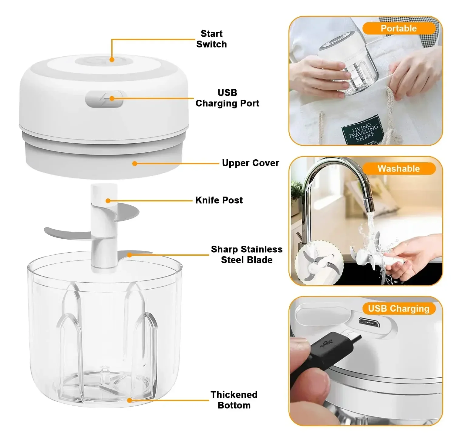 300Ml Elektrische Knoflook Chopper Usb Opladen Voedsel Groente Vlees Crusher Rvs Mini Chili Knoflook Stamper Keuken Gadgets