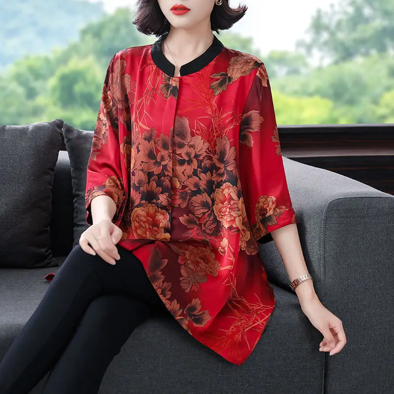 2023 Summer Fashion Atmosphere Chinoiserie Stand Collar Peony Print Loose Casual Oversize Temperament High-end Middle-aged Shirt