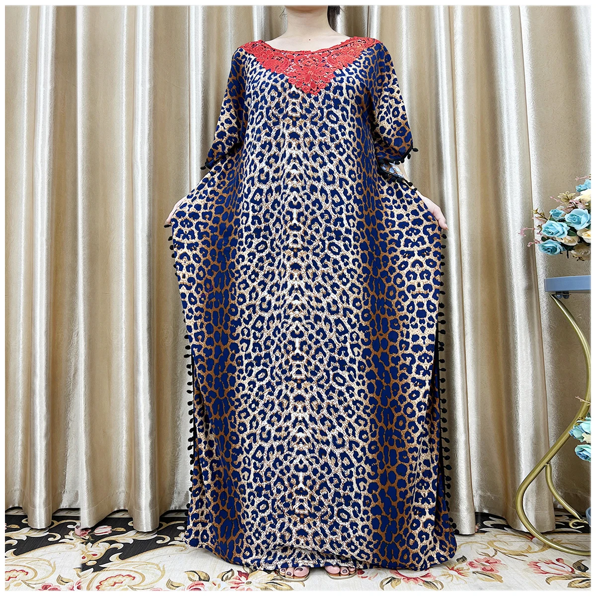 New Arrival Fashion African Women Loose Dress Muslim Large Casual Dress Elastic Fabric Stitching Pearl Diamond Decorative Style