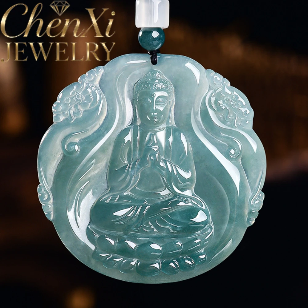 Natural Grade A Blue Water Jadeite Vairocana Buddha Pendant Zodiac Sheep Monkey Patron Saint Jade Necklace High-end Jewelry Gift