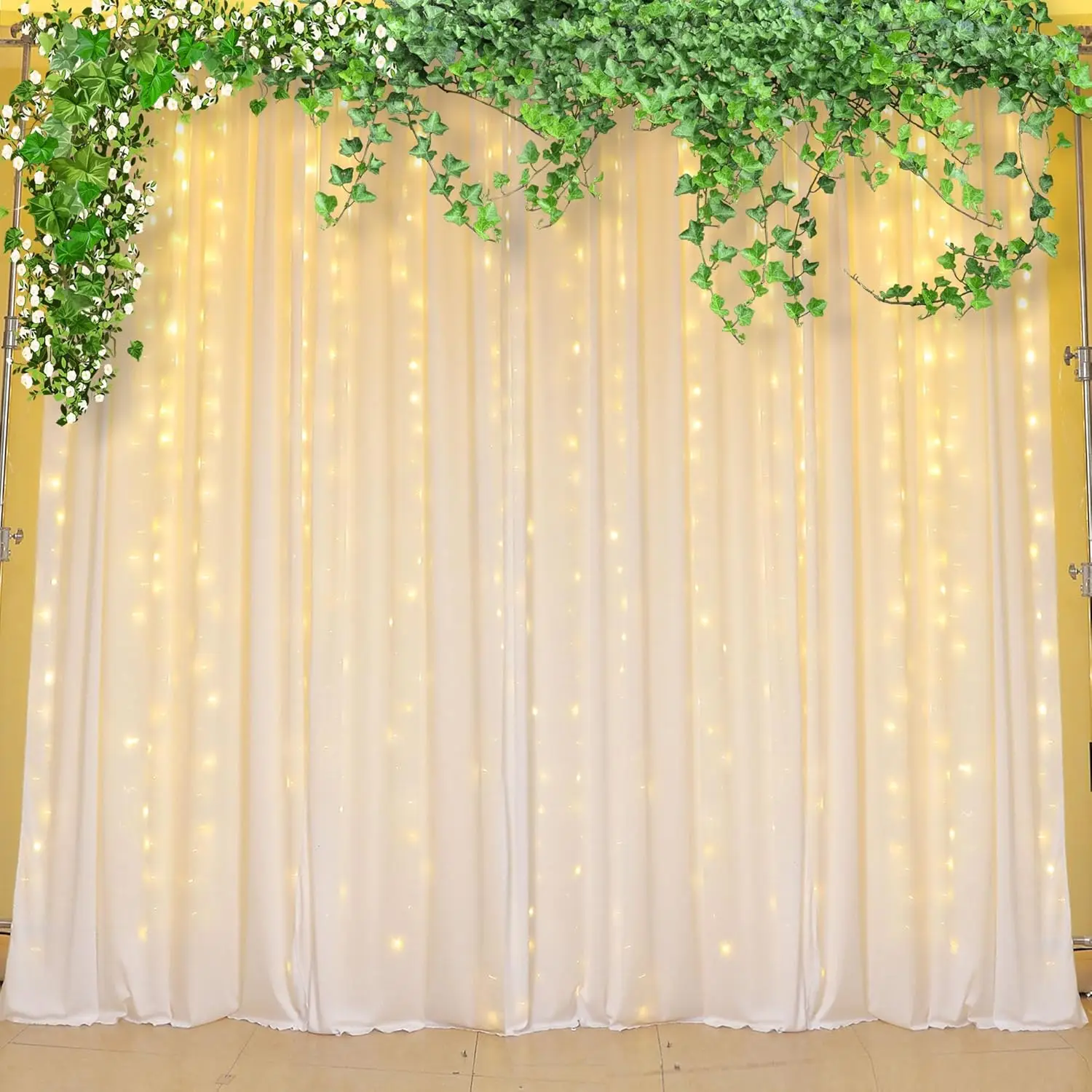 Cortina de pano de fundo de tule branco com corda de luzes para festa de casamento 40 × 10 pés cortinas de fundo transparentes cenário de cortina branca