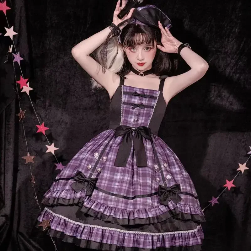 [Star Charm]Summer Purple Checker Singing Gown Lolita Daily Sweet Lolita Dress JSK Cool Girl Gothic Vestido Manga Larga