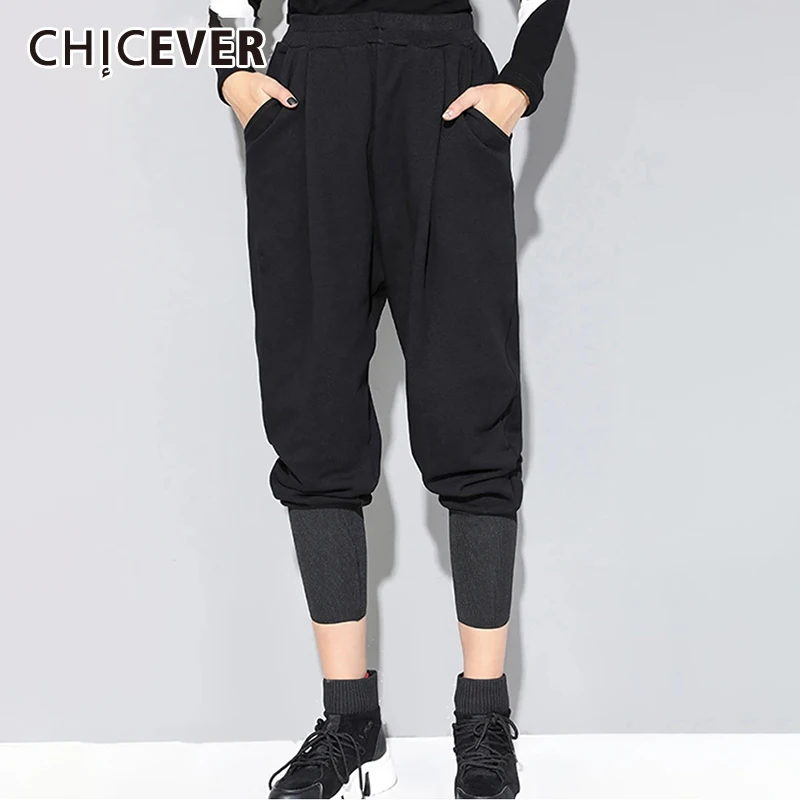 

CHICEVER Spliced Pleated Pant For Female High Waist Patchwork Pockets Casual Slimming Harem Pants Women Fashion Korean Clothing