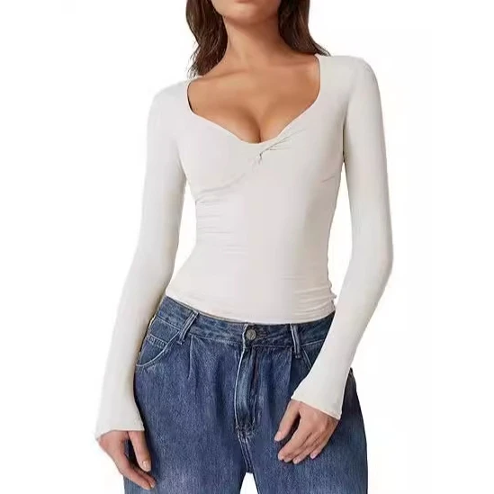 

Women's Slim Fit Cropped Tirt Vne Pleated Top High Waist Long Pants Other Fabric Autumn 2024 Collection
