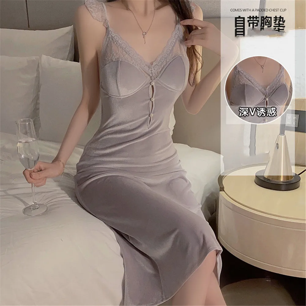 الصلبة اللون الذهب المخملية الدانتيل تقليم باس النوم مثير Backelss أكمام المرأة القطيفة ثوب نوم طويل