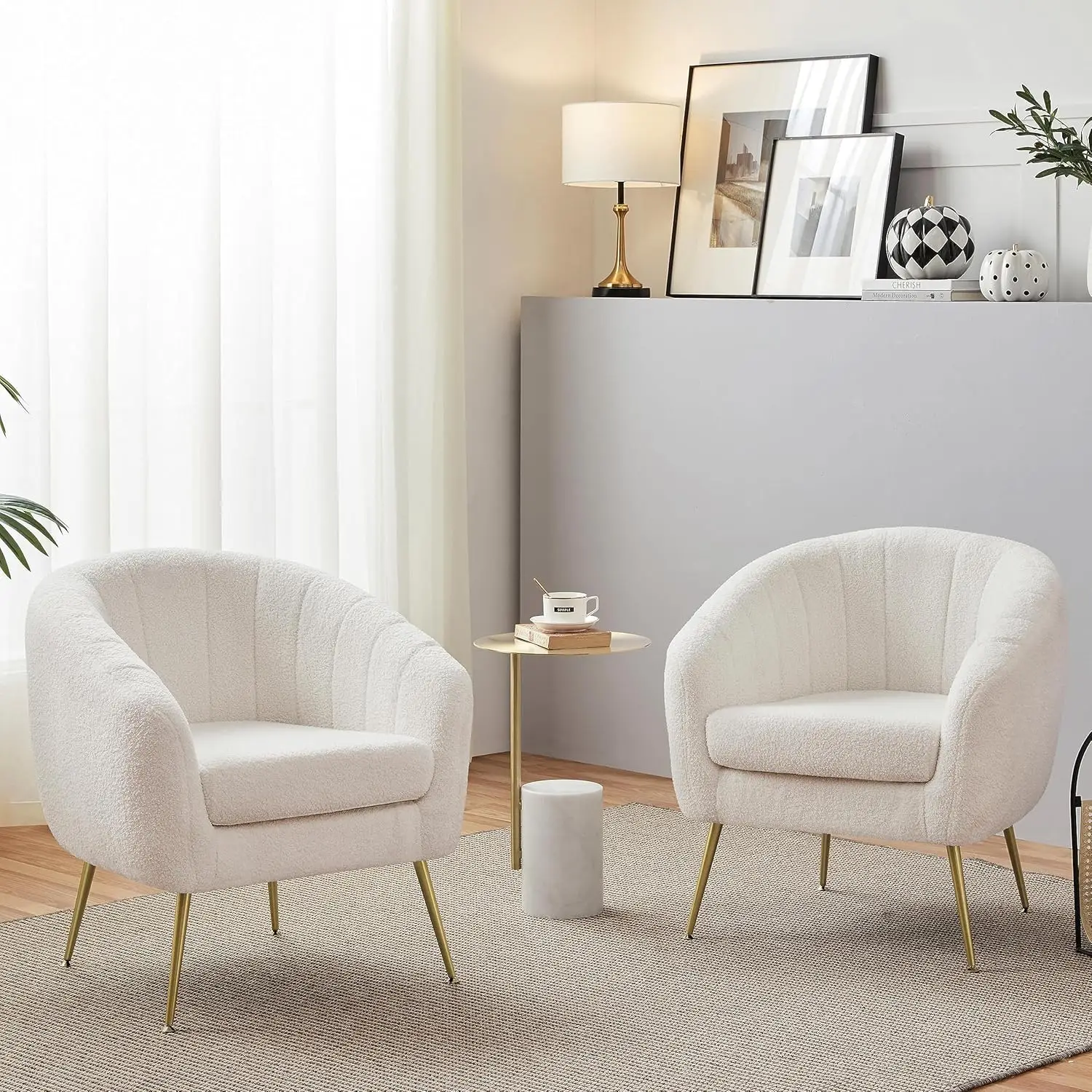 Ivory Boucle Fabric Accent Chairs with Gold Metal Legs and Removable Cushions for Multiple Rooms, 2 pcs
