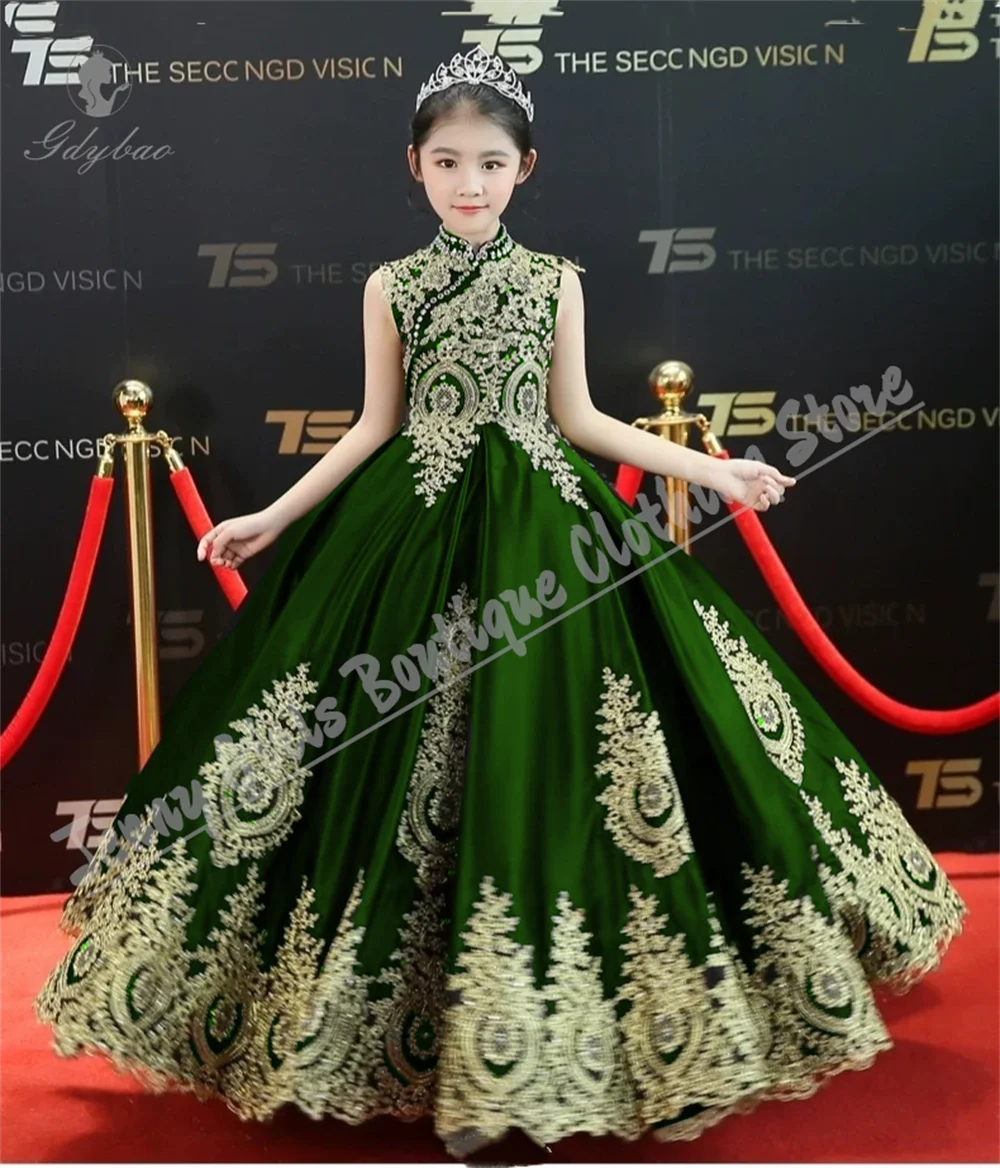 Black Elegant Flower Girl Dress For Weddings Fluffy With Gold Lace Appliques Suitable Children's Communion Wedding Party Attire