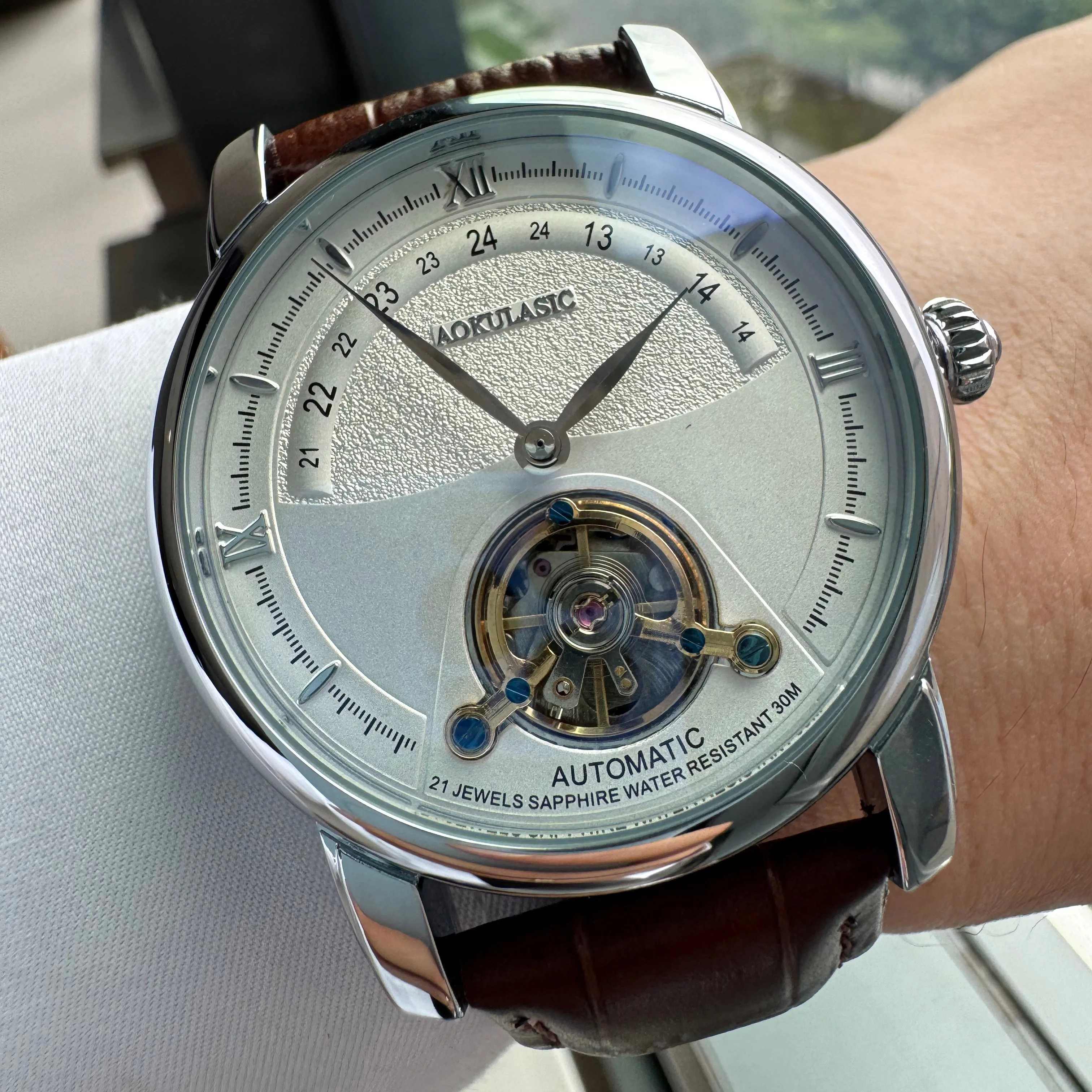 Orologio Meccanico Tourbillon Aokulasic Per Uomo, Orologio Automatico Minimalista Alla Moda Con Cinturino In Pelle Marrone-image
