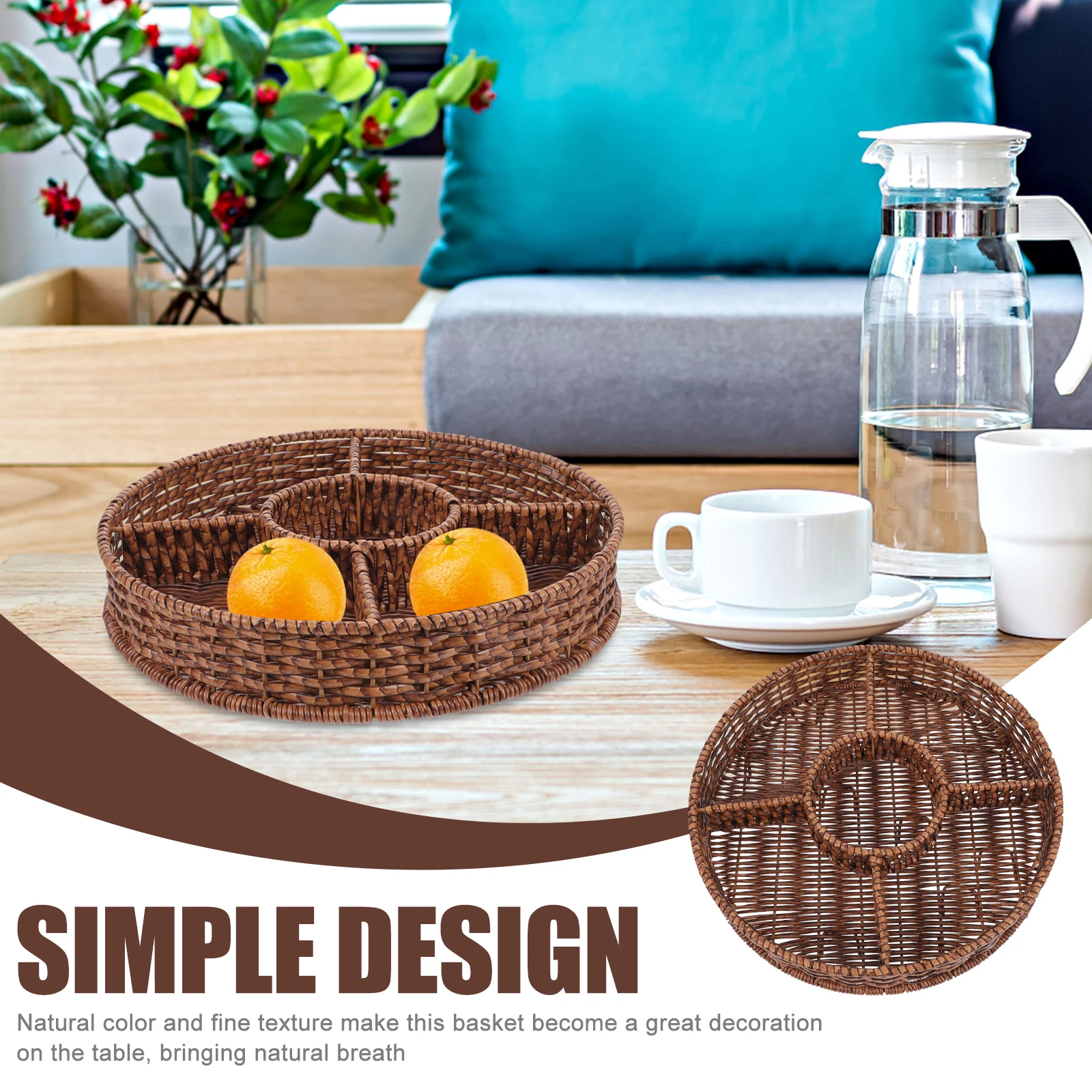 

Natural Woven Fruit Basket Lightweight Storage Tray Rattan Style Serving Basket For Home Kitchen Bread Dessert Platter Round