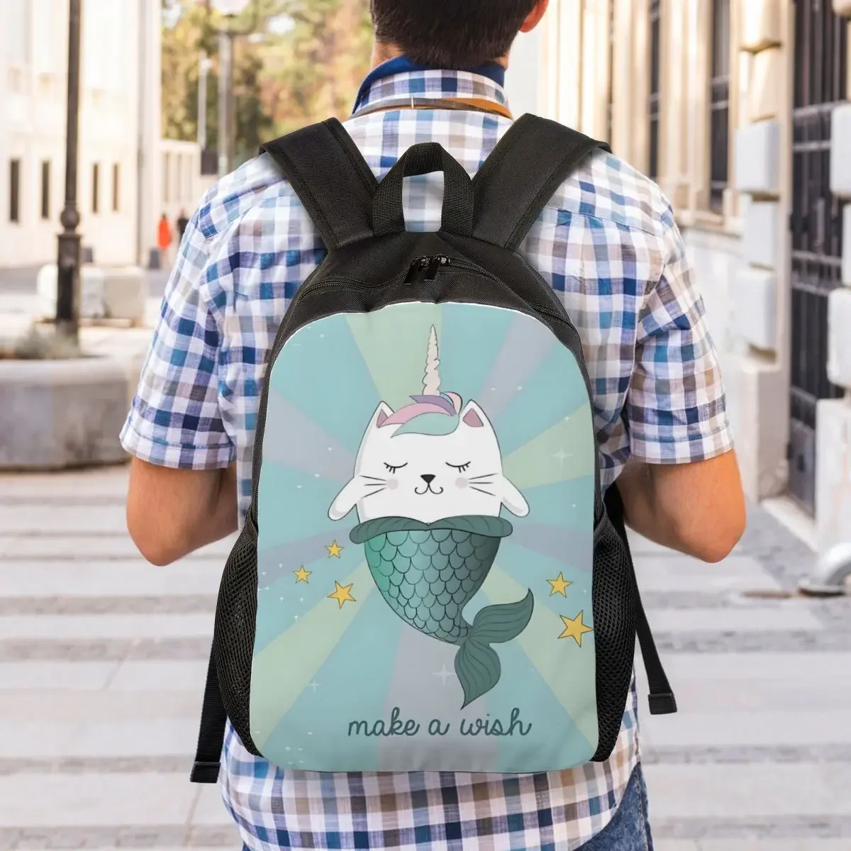 Personalized Cute Unicorn Mermaid Cat Panel Blue Backpacks Men Women Casual Bookbag for School College Bags