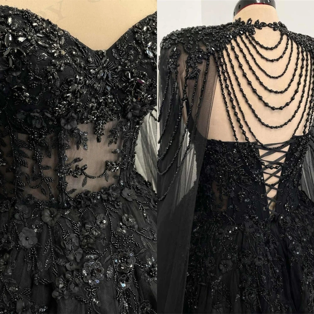Customized Exquisite Black Tulle Evening Dress High Quality Strapless Shawl Prom Dress Delicate Lace Up Back Homecoming Dress