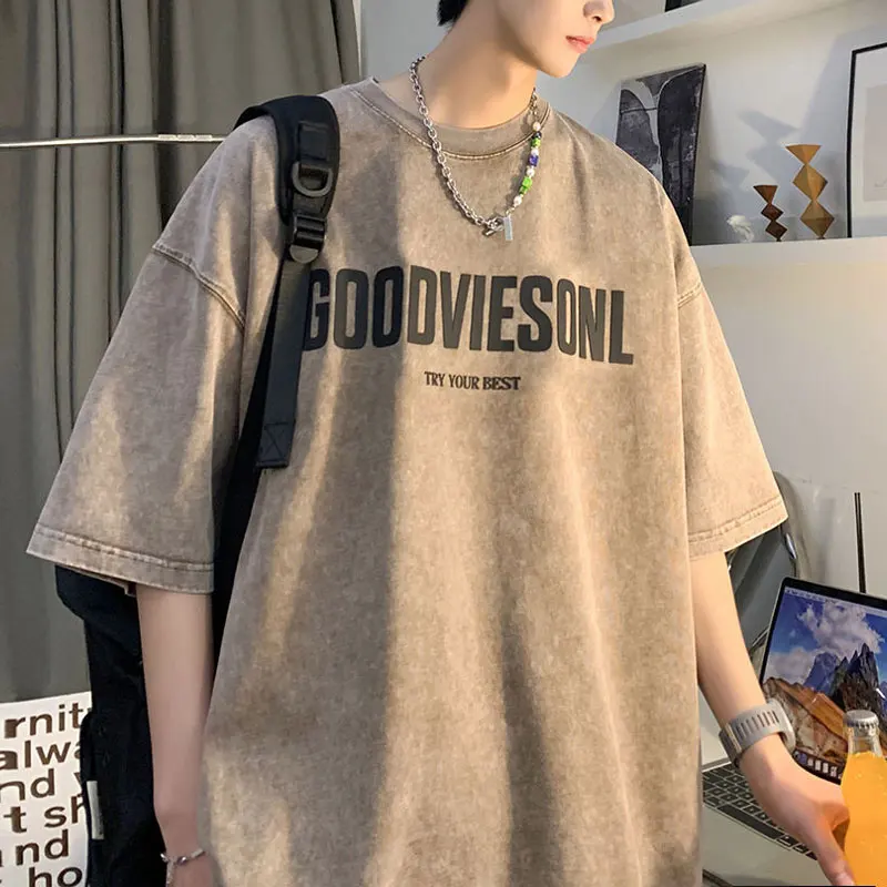 

Vintage American Distressed T-shirts Summer Fashion O-Neck Men's Clothing Short Sleeve Youthful Vitality Loose Casual Pullovers