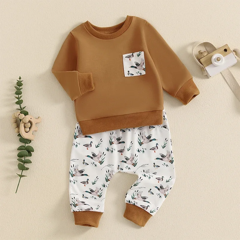 Infant Newborn Baby Boys Clothes Sets Autumn Toddler Long Sleeve Sweatshirt Elastic Waist Duck Print Pants Tracksuit Outfits