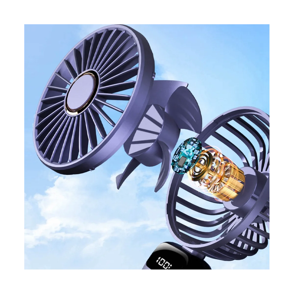 Ventilador de mão portátil multifuncional pequeno, desktop do escritório, ventilador dobrável de cabeça dupla com cordão no pescoço, roxo