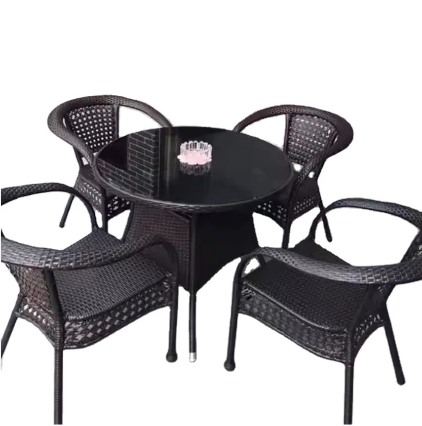 مجموعة أثاث خارجي كرسي بذراعين منسوج من الخيزران لحديقة الشرفة كرسي طعام أبيض