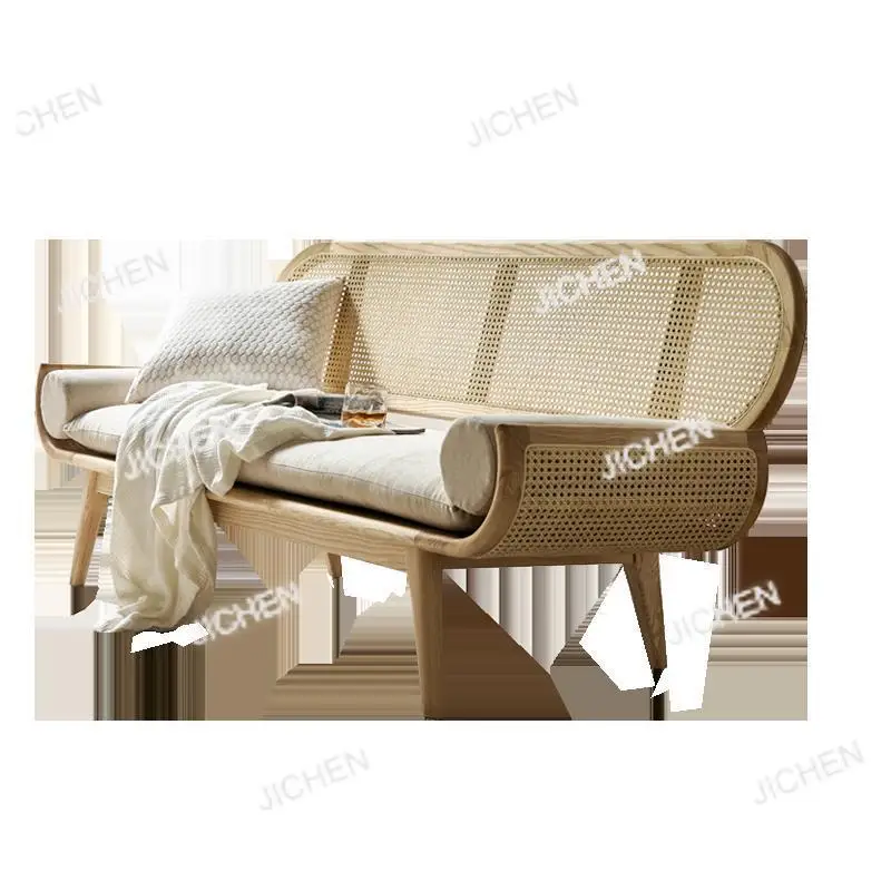 

Solid wood sofa Nordic simple rattan small apartment living room fabric homestay modern light luxury small furniture