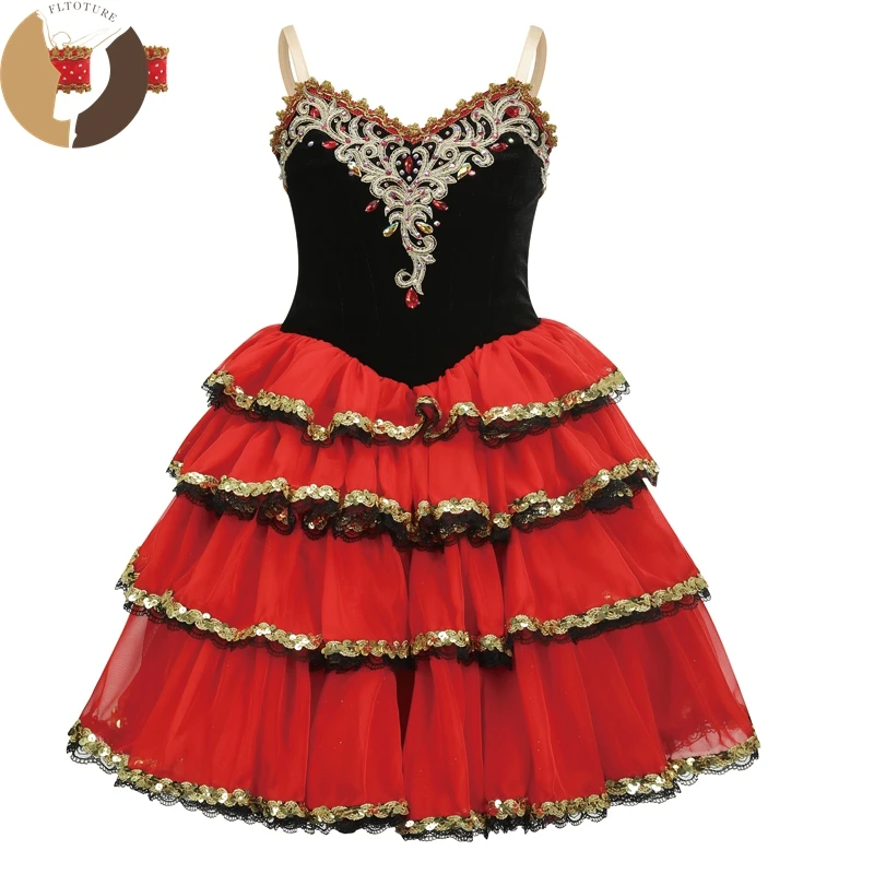 

FLTOTURE Women Professional VelvetBlack Bodice Red Chiffon Ballet Romantic Tutu Custom Made Spanish Dresses for Role of Carmen