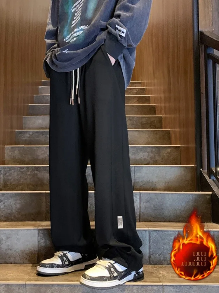 

Мужские зимние утепленные спортивные брюки прямого кроя на флисовой подкладке, модные свободные повседневные брюки с эффектом драпировки