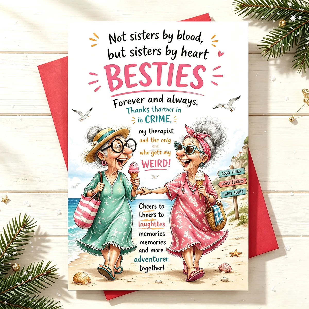 1 jeu de cartes de vœux amusantes pour meilleurs amis, 1 enveloppe + 1 carte de vœux. Un cadeau d'anniversaire pour l'amitié féminine. Non liés par des liens de sang, mais plus proches que la famille. Cartes à souhait plates dédiées aux amis chers et aux âmes sœurs. Cartes de vœux pour les amis proches. Convient pour les anniversaires, Thanksgiving, Noël, le Nouvel An, les anniversaires de meilleurs amis, les cadeaux d'adieu pour les amis, les salutations quotidiennes, les cadeaux de retraite, les cadeaux de fête pour les femmes, les messages pour les amis à distance, les cadeaux pour la Journée de la femme et les cadeaux d'amitié réconfortants pour les réunions d'anciens amis.