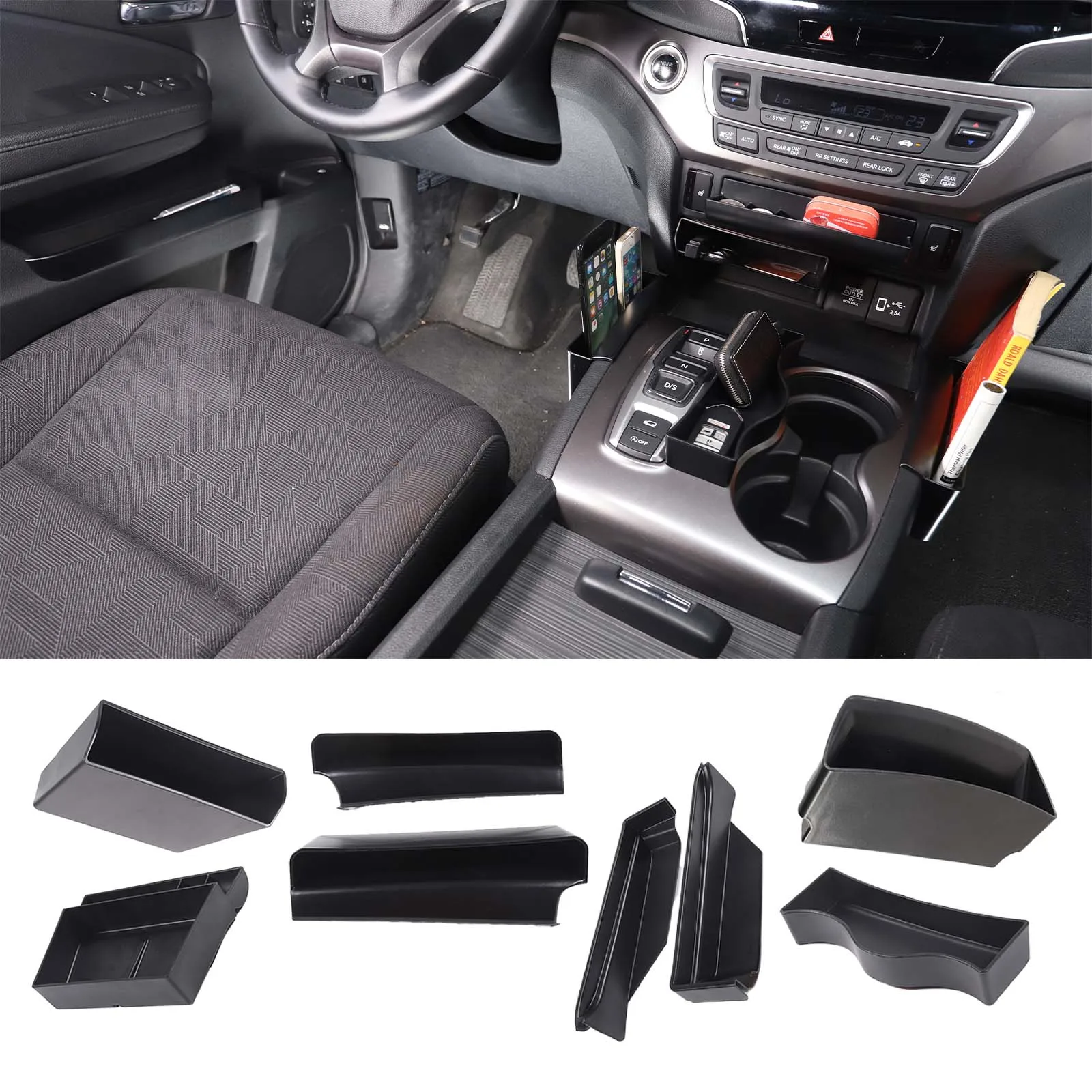 For Honda Pilot 2015-2022 ABS car center console storage box mobile phone tray glove box interior organization accessories 8 Pcs