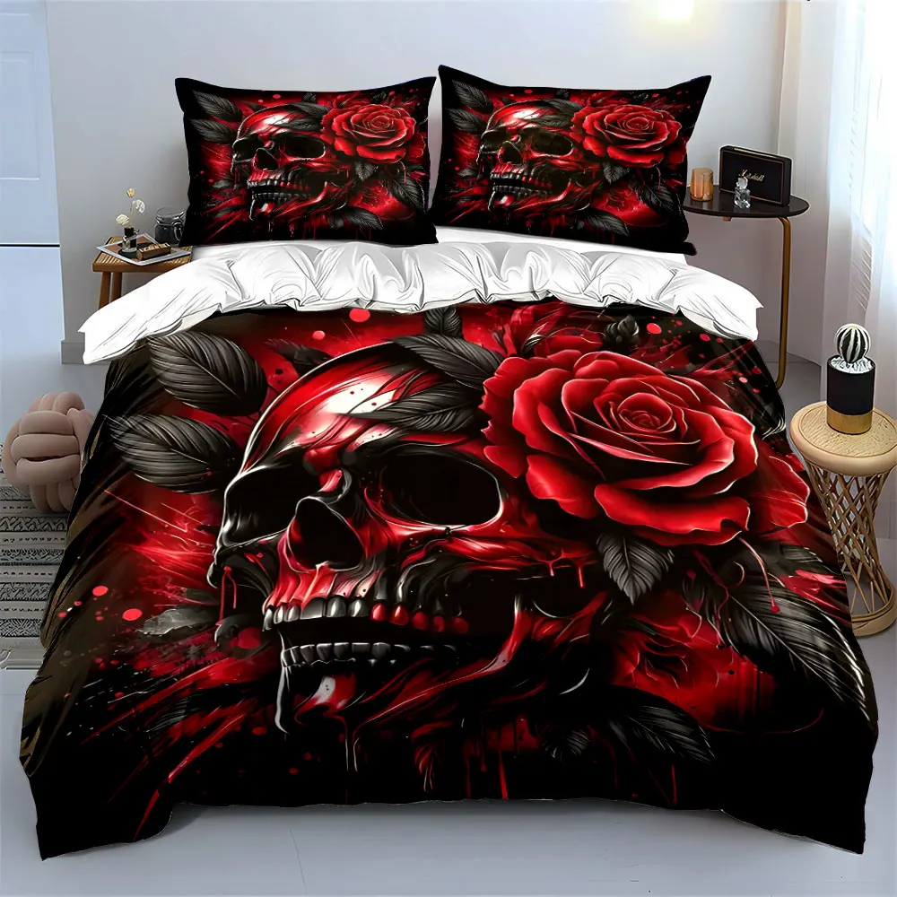Red Rose Skull Art Design Bedding Print Bedding Set 1 Duvet Cover 2 Pillowcases for Adult and Children Luxury Gift Full Size