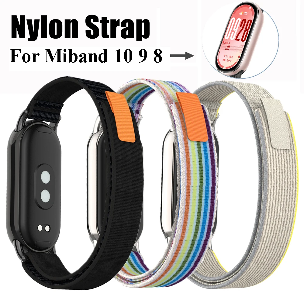 Nylon-Schlaufenarmband für Xiaomi Mi Band 10 9 8, atmungsaktives Armband, Armband, Metallkopfpartikel, Sommer-Ersatzgürtel für Miband