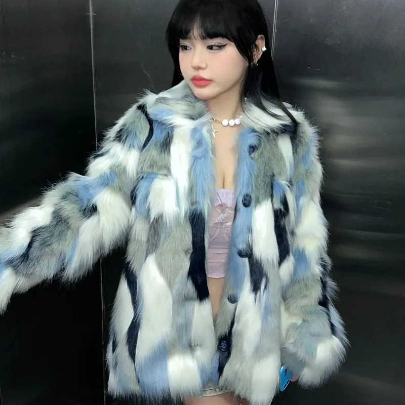 2023 New Women Faux Fox Fur Coat Patchwork Color Mid-Length Korean Style Casual Winter Thicken Jacket Female Temperament Outwear