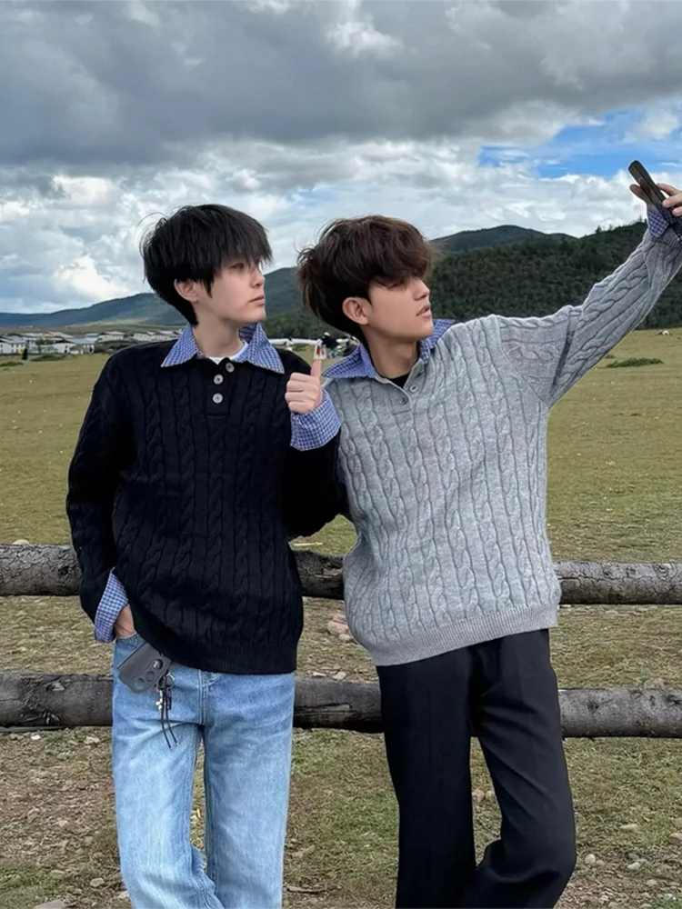 

Мужской вязаный свитер в стиле ретро Sle с клетчатым сращиванием CleanFit, американский Sle, осень-зима, элитный, искусственный, из двух предметов