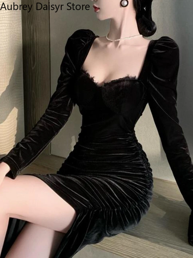 French Elegant Black Velvet Midi Dress Women Sexy Chic Irregular Designer Dress Winter Casual Long Sleeve Evening Party Dress