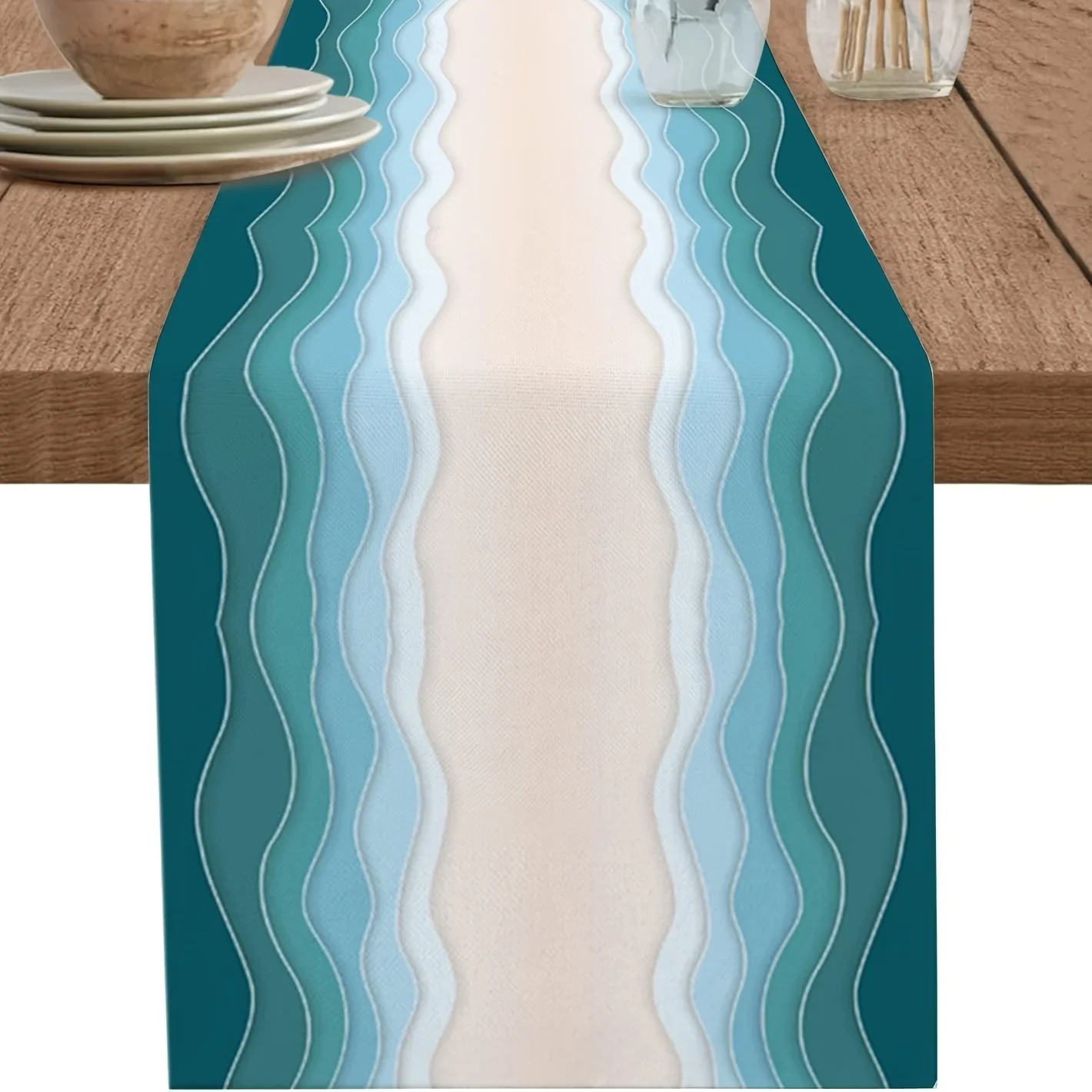 1Pc Modern Wave Pattern Table Runner Blue And Beige Striped Print Table Cover For Dining Room Kitchen Desk Decoration Tabletop D