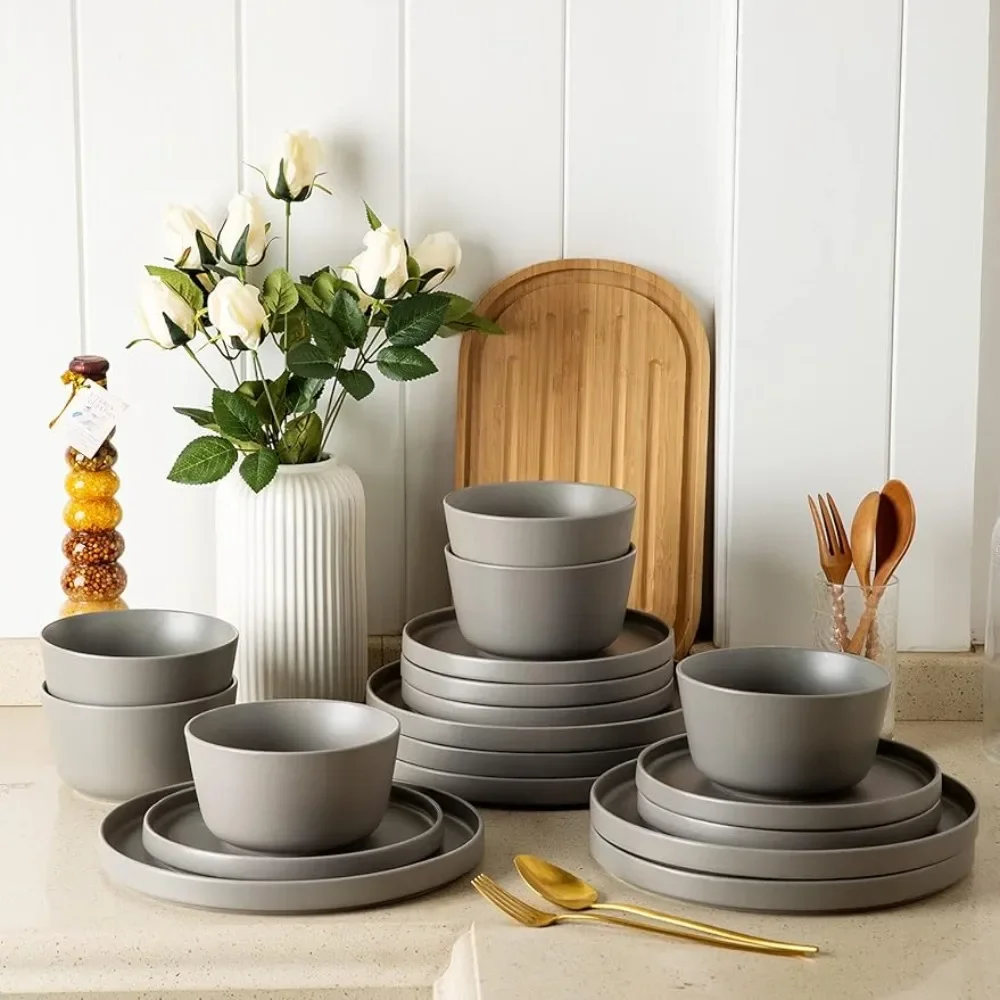 

Ceramic Dinnerware Sets of 4, Modern Flat Stoneware Plates and Bowls Sets,Chip Crack Resistant