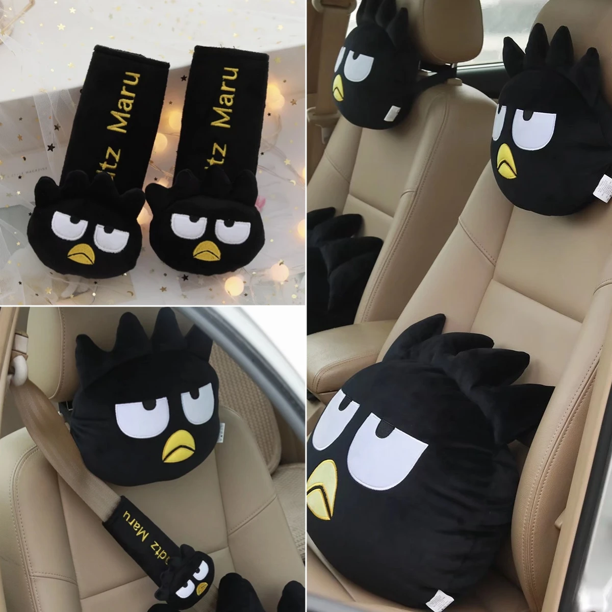 Kawaii Bad Badtz Maru Back Cushion Stuffed Anime Headrest Seat Belt Cover Black Penguin Cuddly Plushies Home Decor Xmas Girl
