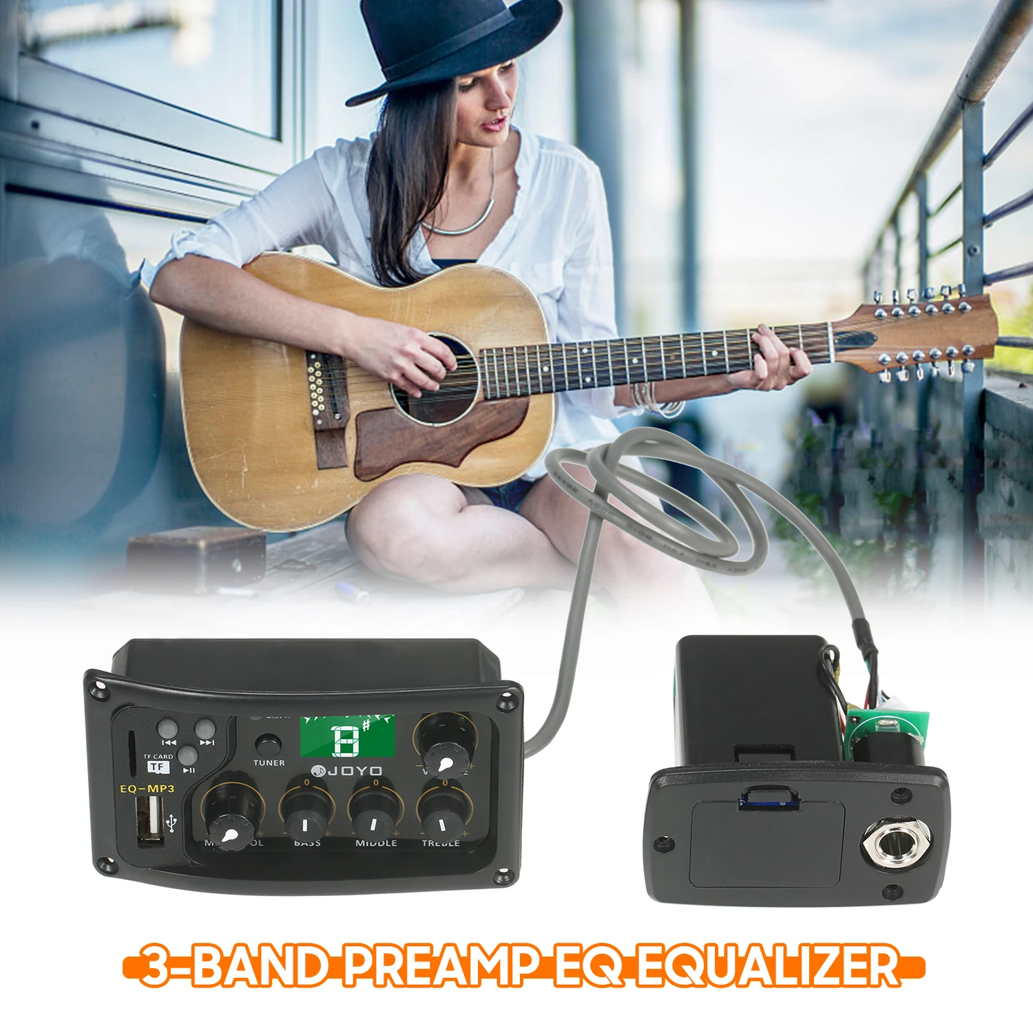 JOYO EQ-MP3 3-Band EQ Equalizer System Acoustic Guitar Preamp EQ Equalizer Piezo Pickup LCD Tuner Amplifier