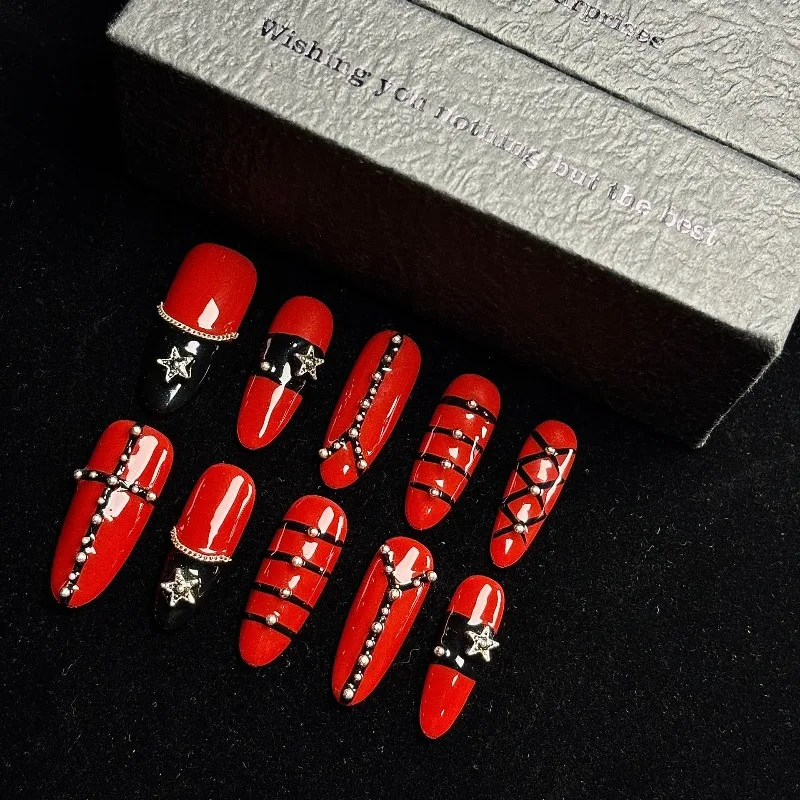 

10PCS Handmade Black Red Nails Almond Press on Nails Gothic Heavy Duty Zircon Design 3D Light Luxury Glam False Nails for Women