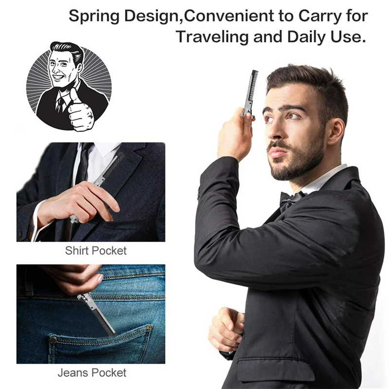 

CKFAM-2X складная расческа для бороды из нержавеющей стали, инструменты для укладки волос, комбинированный карманный расческа для волос с длинной круглой ручкой