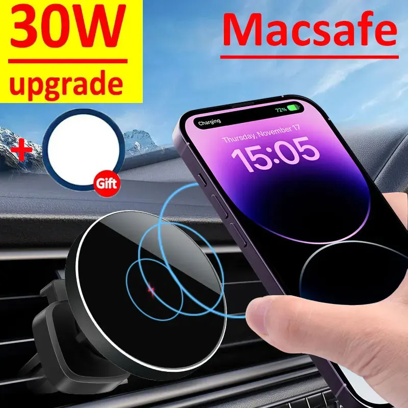 30W Magnetic Car Wireless Charger Phone Holder Stand for iPhone 15 14 13 12 Pro Max Samsung Car Mount Fast Charging Dock Station