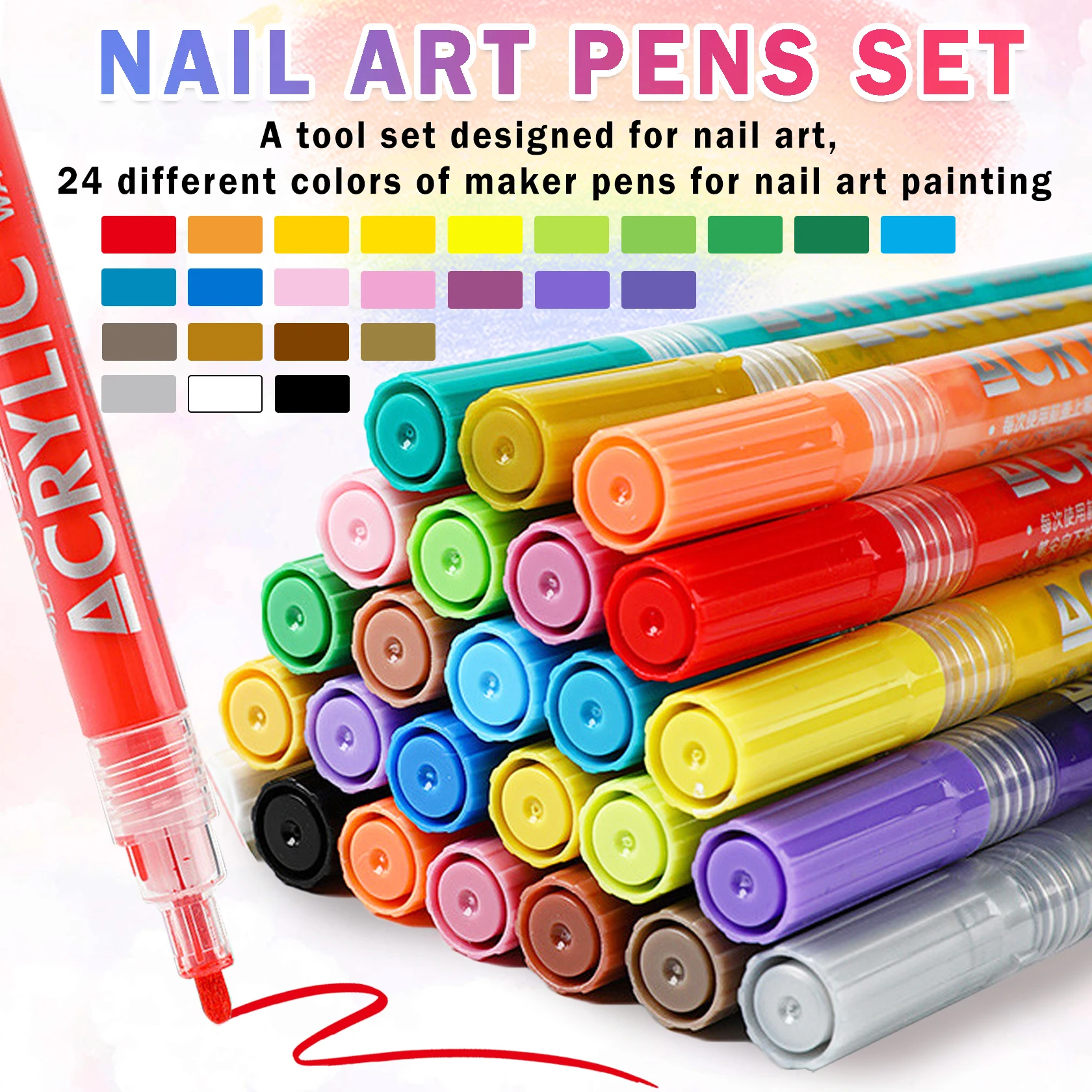 24 Colors Quick Dry Nail Art Painting Pens Set Long-Lasting Waterproof No Fading 3D Painting Dotting Liner Pen Nail Polish Pens