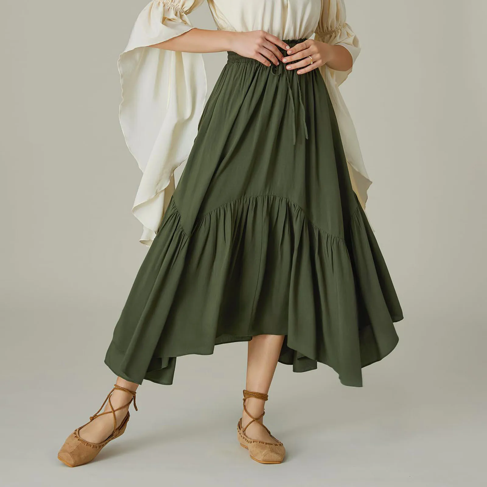 

Women's Vintage Fashion Solid Color Long Skirt Elastic High Waisted Skirt Swing Irregular Pleated Long Skirt With Pockets